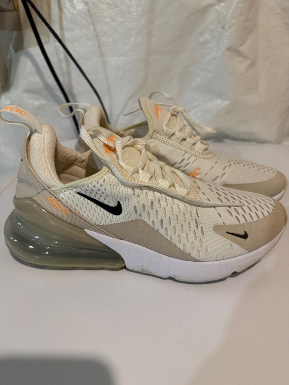 Nike Air Max 270 in Cream with Black Swoosh and Orange Accents